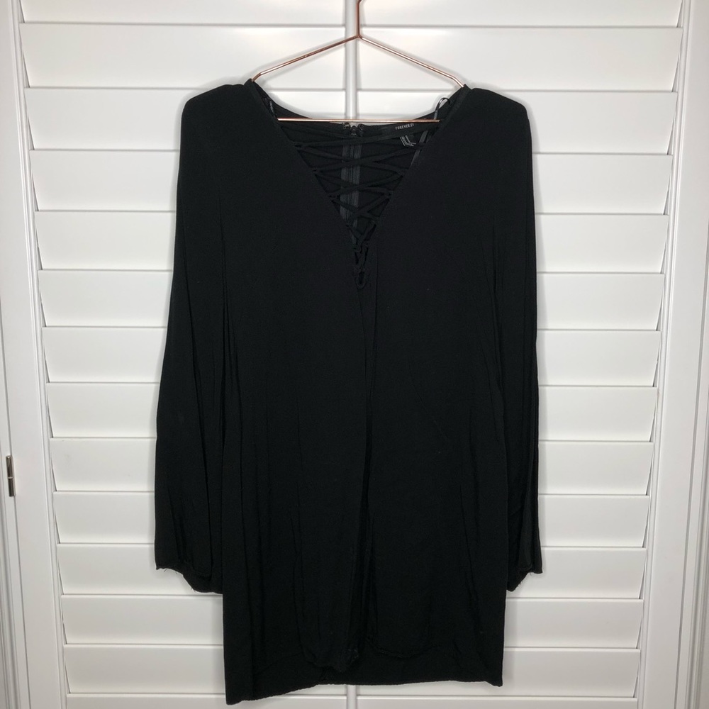 Mini black lace up front long sleeve dress